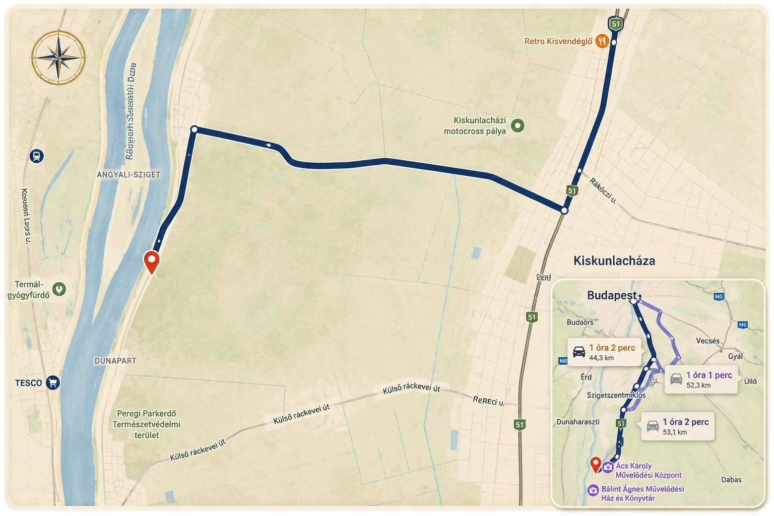 Budapest–Kiskunlacháza útvonal térkép